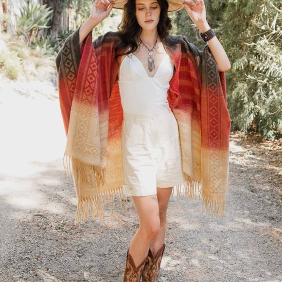 Cozy Stripes Western Style Tassel Poncho Shawl - Picture 4 of 4